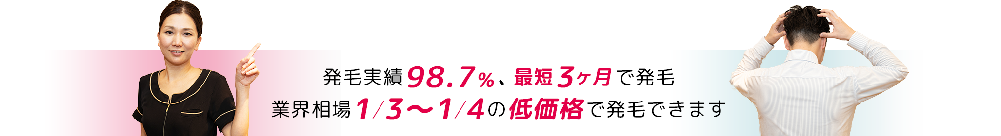 発毛実績98.7％、最短３ヶ月で発毛。業界相場1/3～1/4の低価格で発毛できます